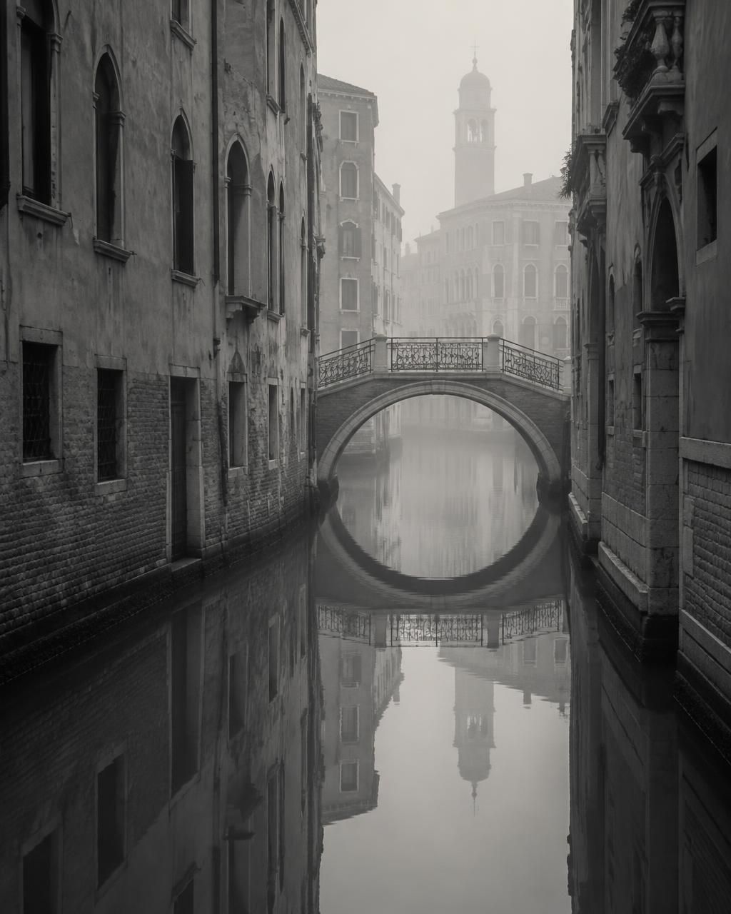 Un canale di Venezia all'alba, in bianco e nero